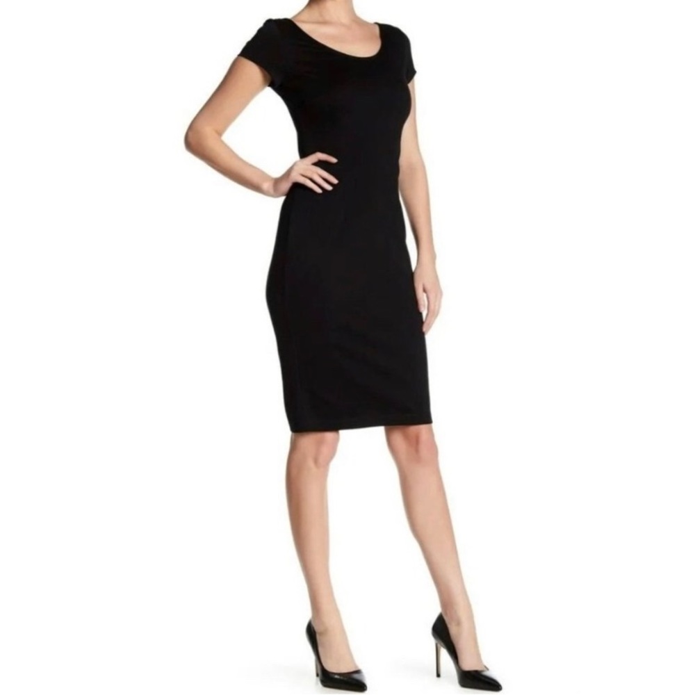 THE VANITY ROOM Black Cap-Sleeve Zip Back Midi-Length Bodycon Dress NWT Medium